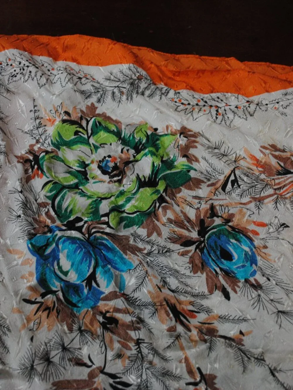 Vintage Large Floral 1950s Scarf made in Japan with Orange Border